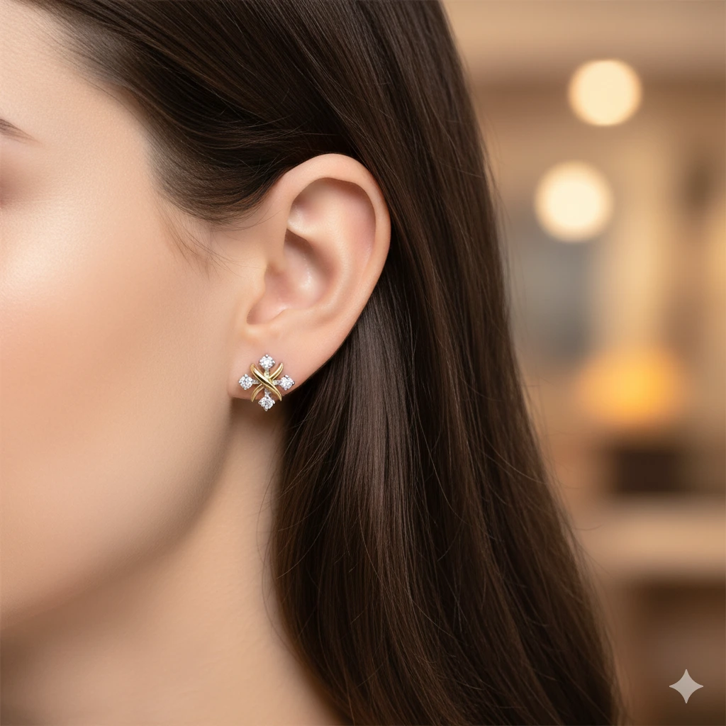 14K White and Yellow Gold Earring Studs with 8 Round-Cut Lab-Created Diamonds 0.285 CT.TW