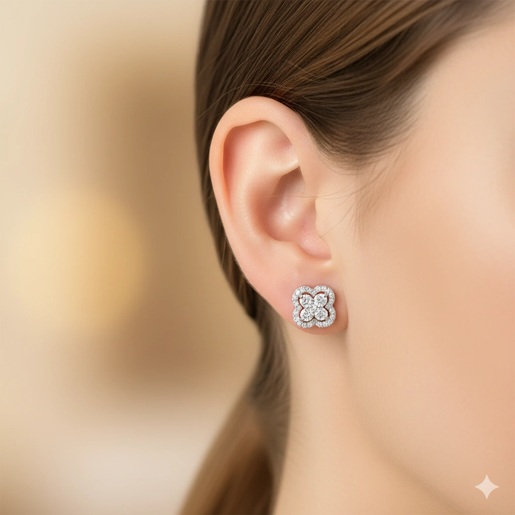 Sterling Silver Earring Studs with 58 Round-Cut Lab-Created Diamonds 0.963 CT.TW