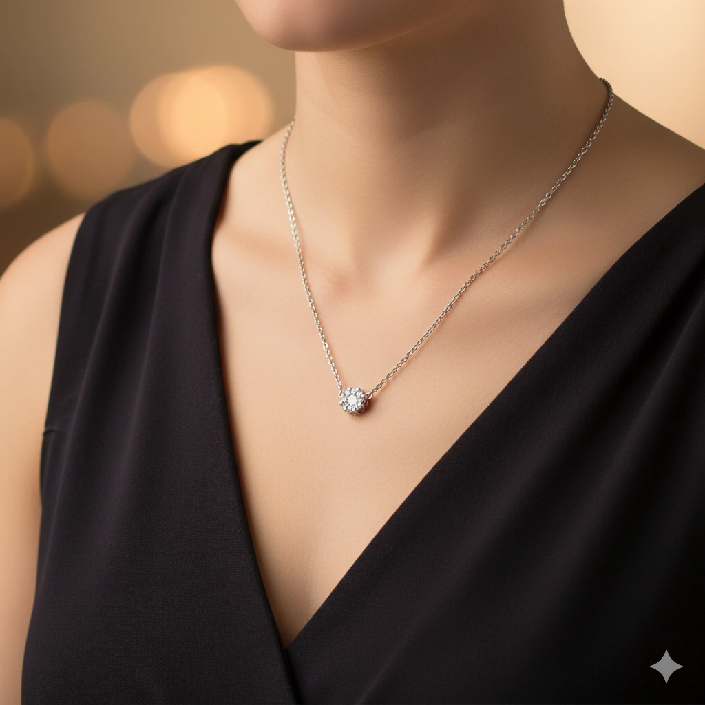 Sterling Silver Necklace with 9 Round-Cut Lab-Created Diamonds 0.214 CT.TW