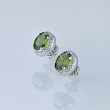 Sterling Silver Earring Studs with 2 Oval-Cut Chromdiopsides 1.91 CT.TW and  with 36 Round-Cut Topazes 0.35 CT.TW