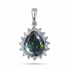 14K White Gold Pendant with 1 Pear-Cut Chromdiopside 2.365 CT.TW and  with 16 Round-Cut Lab-Created Diamonds 0.571 CT.TW